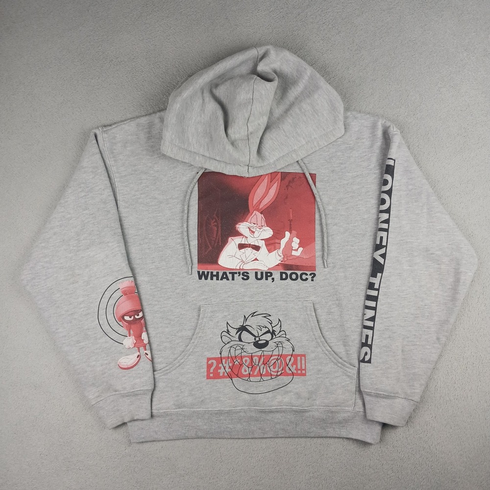 Looney Tunes Hoodie Mens Small Freeze Bugs Bunny Taz Marvin Grey 2021 Spellout